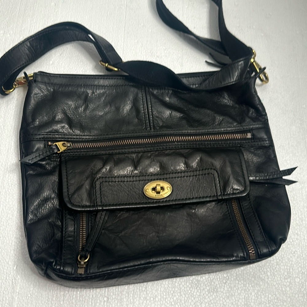 Fossil black leather cross body bag size 14x11x2 inches